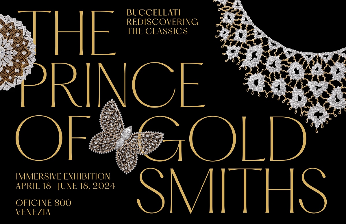 Banner with title of the exhibition, diamond necklace and pins in the background