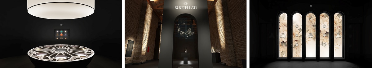 Collection of three photos showing dark colour interiors of the exhibition