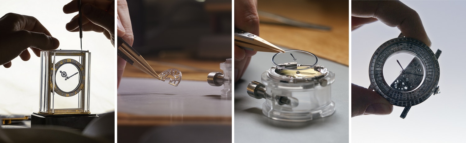 A collection of four photos showing different stages of assembling watches