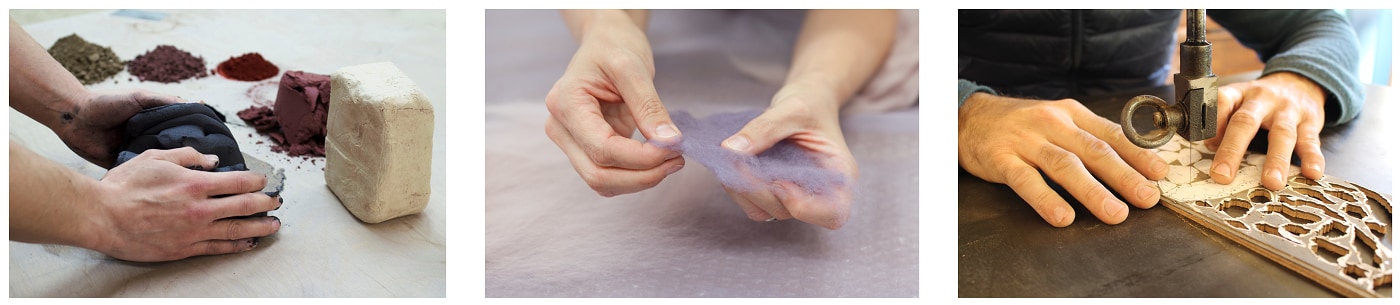 Three close ups of people working with different materials
