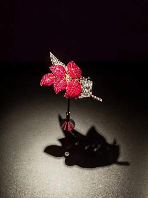 A pin with two leafs - one encrusted with red stones and the other with diamonds
