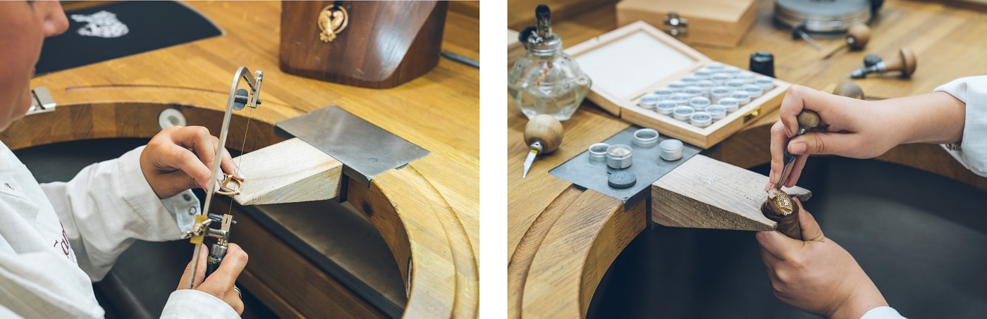 Two photos of a man working on a jewellery piece in a workshop