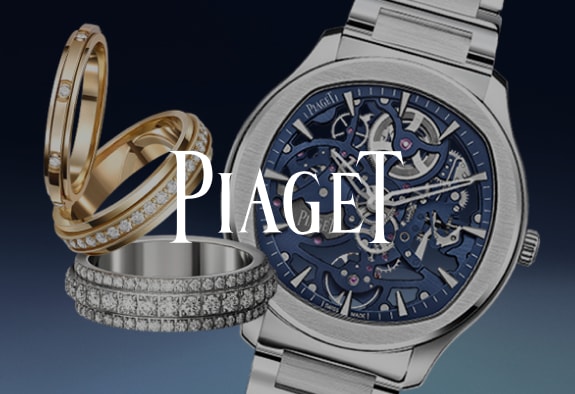 Piaget logo with a watch and rings in the background