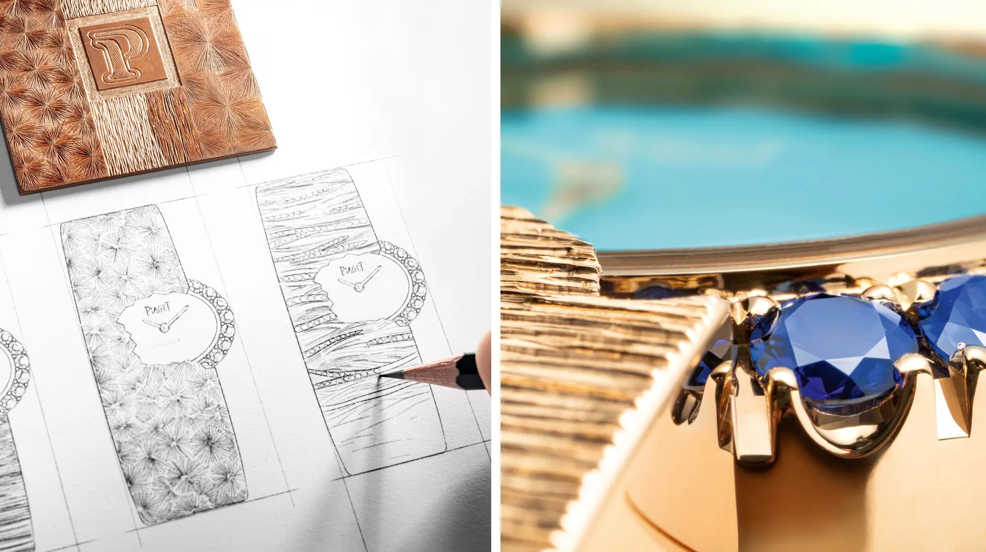 Sketch of a golden watch with oval dial half-hidden, encrusted with blue gemstones and a close up of this watch