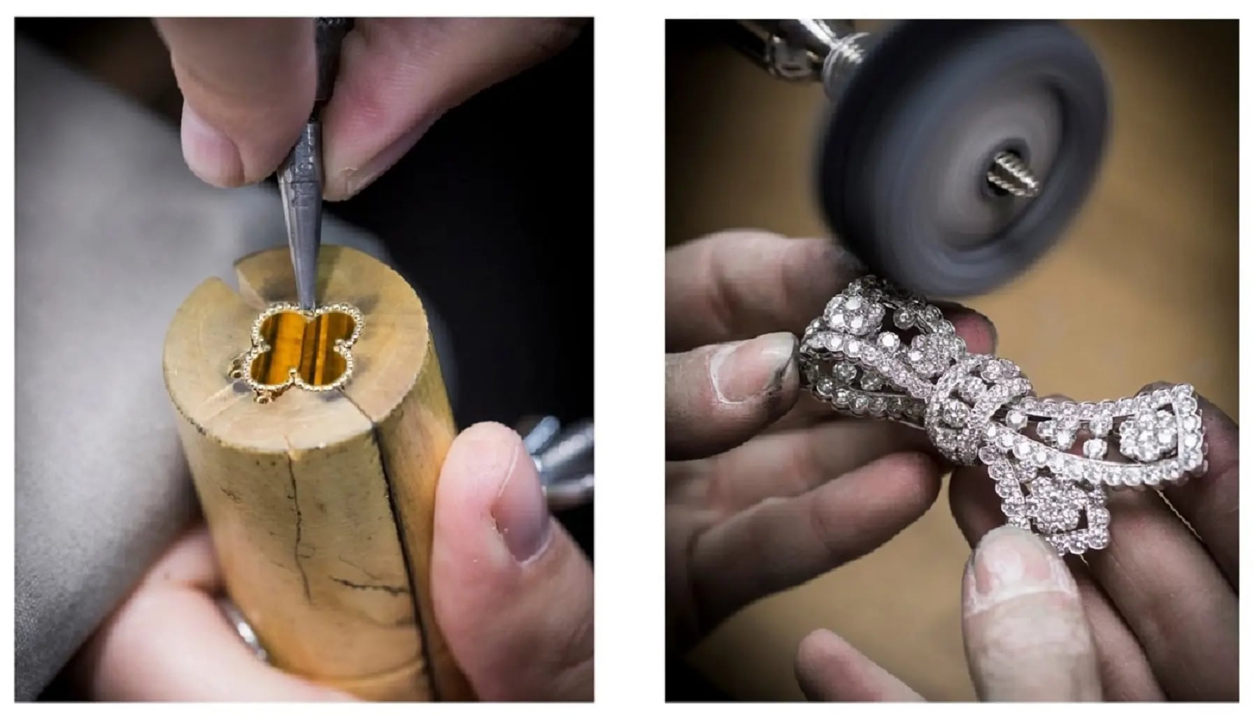 Two close ups of people working on pieces of jewellery