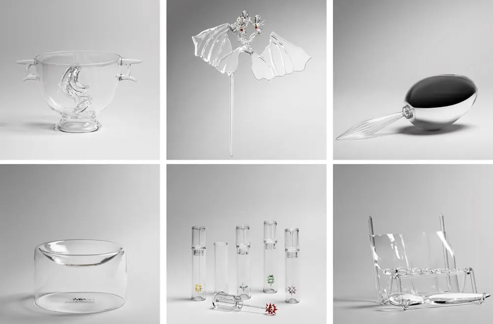 Six design objects made from glass
